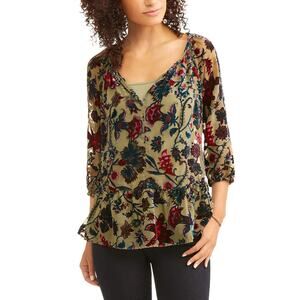 Faded Glory Green Floral Velvet Burnout Peplum Peasant Top Size Large